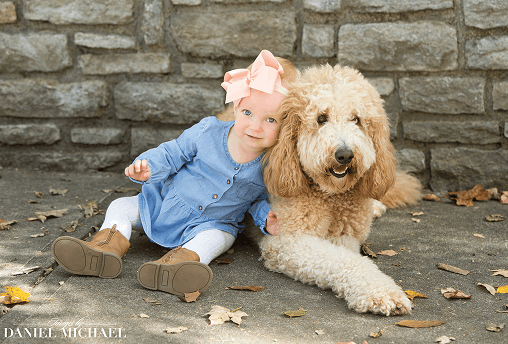 Child leaning against large dog, sitting together outside
